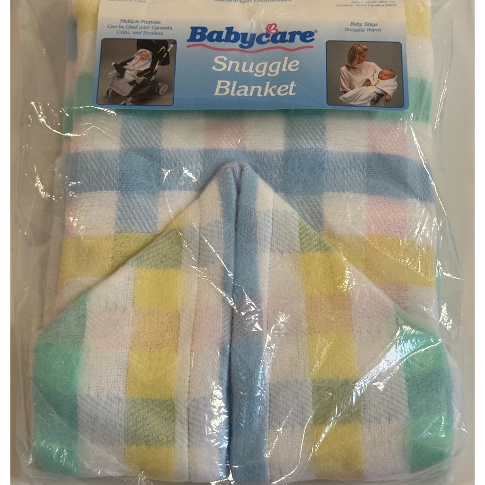 Vtg Babycare Snuggle Blanket Pastel Plaid Snap Wearable Swaddle Made in USA NEW